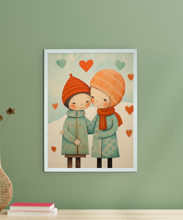 Warmth Within: Sowpeace's Premium Boy & Girl Winter Canvas Art – Handcrafted Indian-Inspired Prints for Cozy Holiday Decor — main view