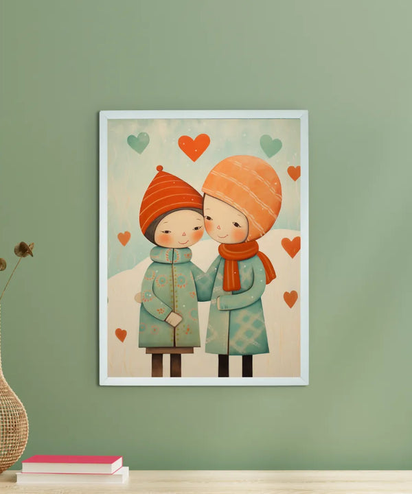 Warmth Within: Sowpeace's Premium Boy & Girl Winter Canvas Art – Handcrafted Indian-Inspired Prints for Cozy Holiday Decor — main view