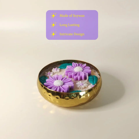 Handmade 12 cm Soy Wax Candle in Metal Pot – Multicolor Double Flowers, Yellow Center Accent