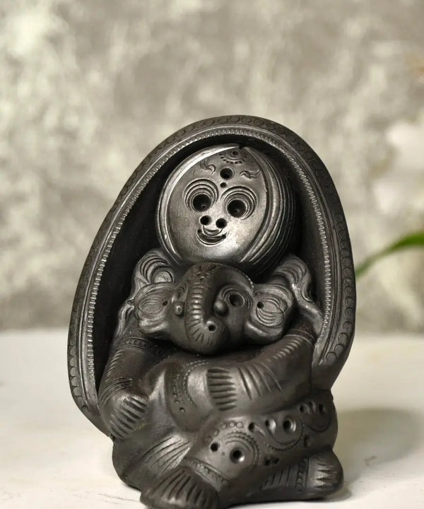 Sowpeace Art: Black Terracotta Durga Ganesh Tabletop Marvel — main view