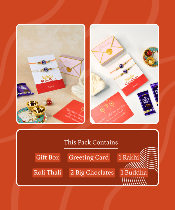 Sowpeace Exquisite Evil Eye Rakhi Pack of 2 with Roli Chawal and Greeting card combo for Raksha Bandhan and Gifting — image 9