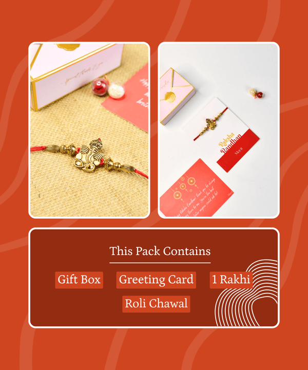 Sowpeace Exquisite Golden Ganesha Rakhi Pack of 1 with Roli Chawal and Greeting card combo for Raksha Bandhan and Gifting — main view