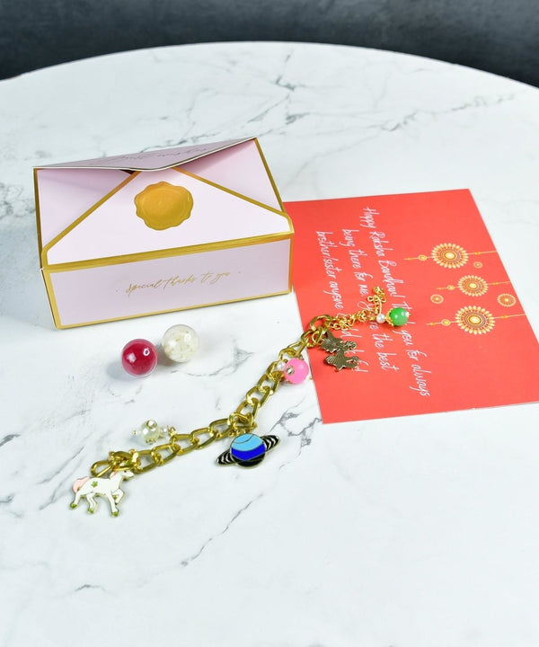 Sowpeace Exquisite Metal Abstract Rakhi Pack of 1 with Roli Chawal and Greeting card combo for Raksha Bandhan and Gifting — main view