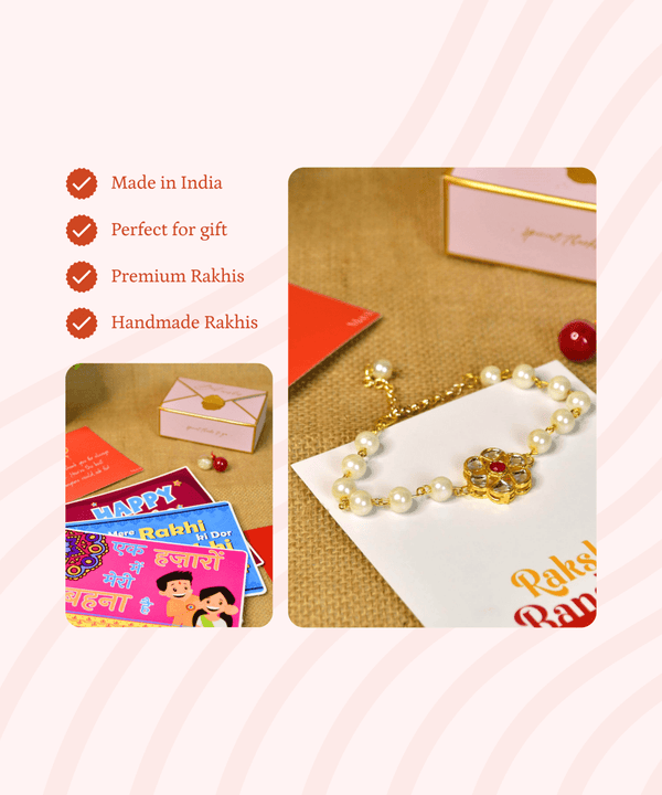 Sowpeace Exquisite Pearl Rakhi Pack of 1 with Roli Chawal and Greeting card combo for Raksha Bandhan and Gifting — image 6