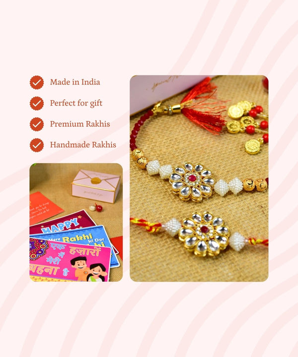 Sowpeace Exquisite Red Centre Flower Rakhi Pack of 2 with Roli Chawal and Greeting card combo for Raksha Bandhan and Gifting — image 9
