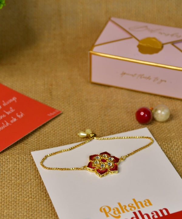 Sowpeace Exquisite Red Flower Rakhi Pack of 1 with Roli Chawal and Greeting card combo for Raksha Bandhan and Gifting — image 13