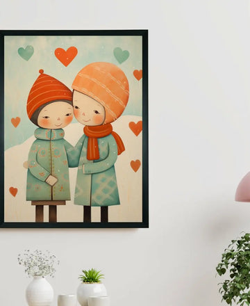 Warmth Within: Sowpeace's Premium Boy & Girl Winter Canvas Art – Handcrafted Indian-Inspired Prints for Cozy Holiday Decor — alternate view