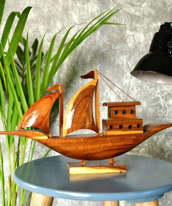 Wooden House Boat: Artisan-Crafted Tabletop Elegance — main view
