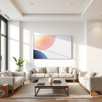 Geometric modern acrylic wall art with glossy reflections on a light neutral wall in a minimalist room