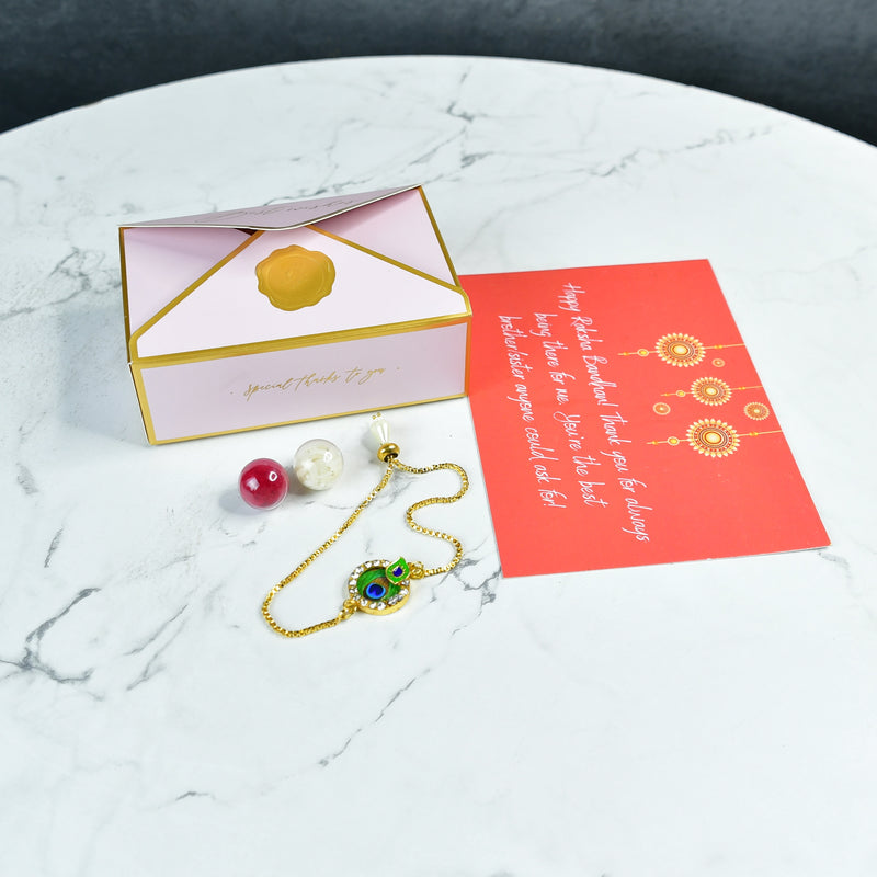 Sowpeace Exquisite Peacock Rakhi Pack of 1 with Roli Chawal and Greeting card combo for Raksha Bandhan and Gifting – view 1