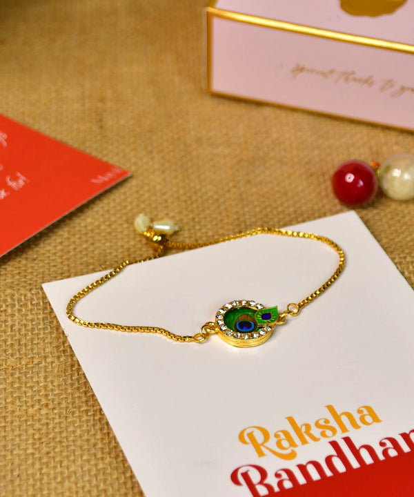 Sowpeace Exquisite Peacock Rakhi Pack of 1 with Roli Chawal and Greeting card combo for Raksha Bandhan and Gifting — image 2