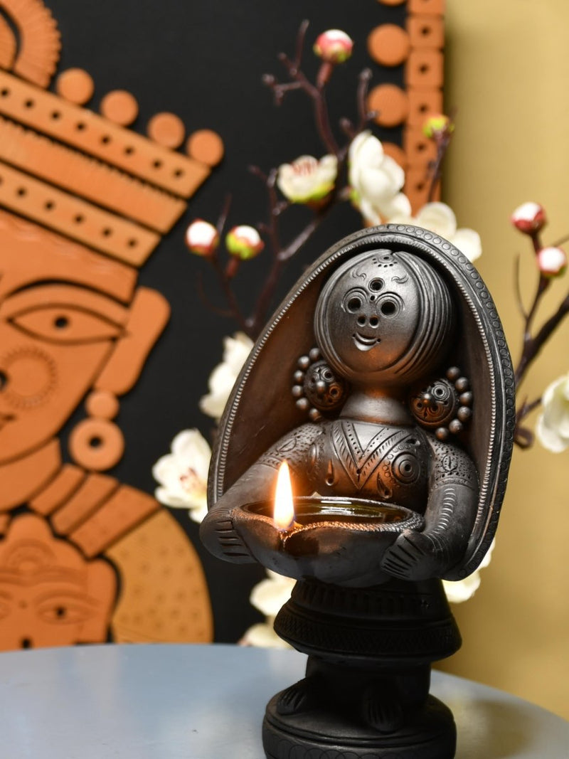 Black Terracotta Women with Diya Home Decor Masterpiece – view 4