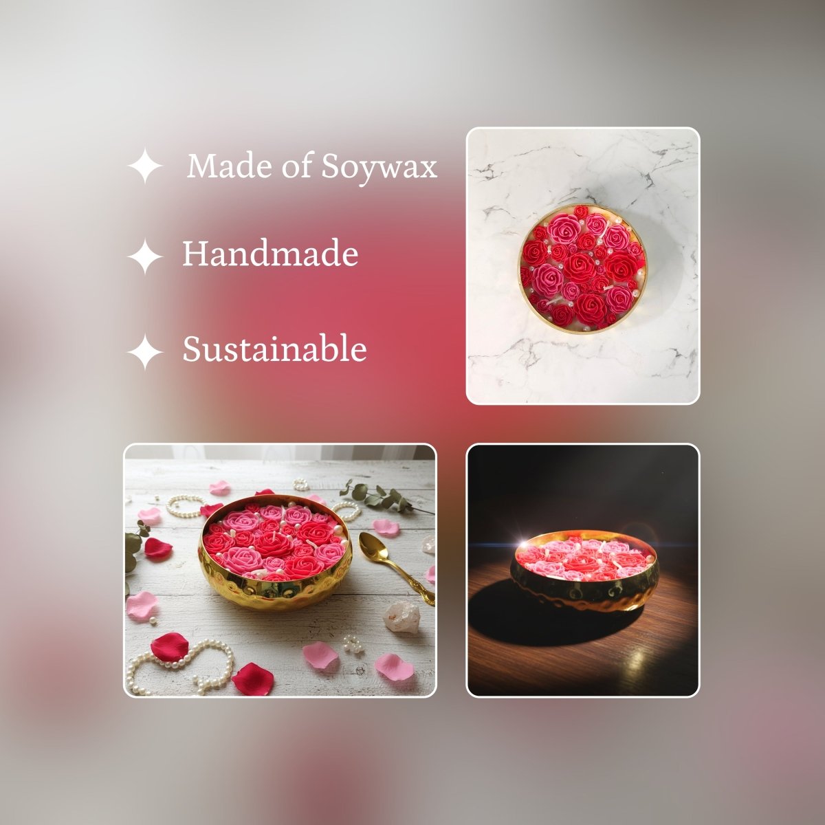 Large Soy Wax Candle in Metal Pot with Small Red Roses – 12 cm Red Décor Gift - Sowpeace - 