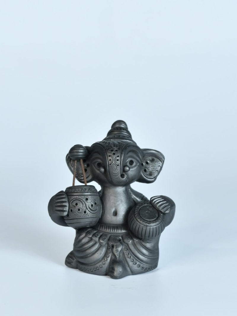 Serene Rhythms: Black Terracotta Ganesh Playing Iktara and Tabla – view 5