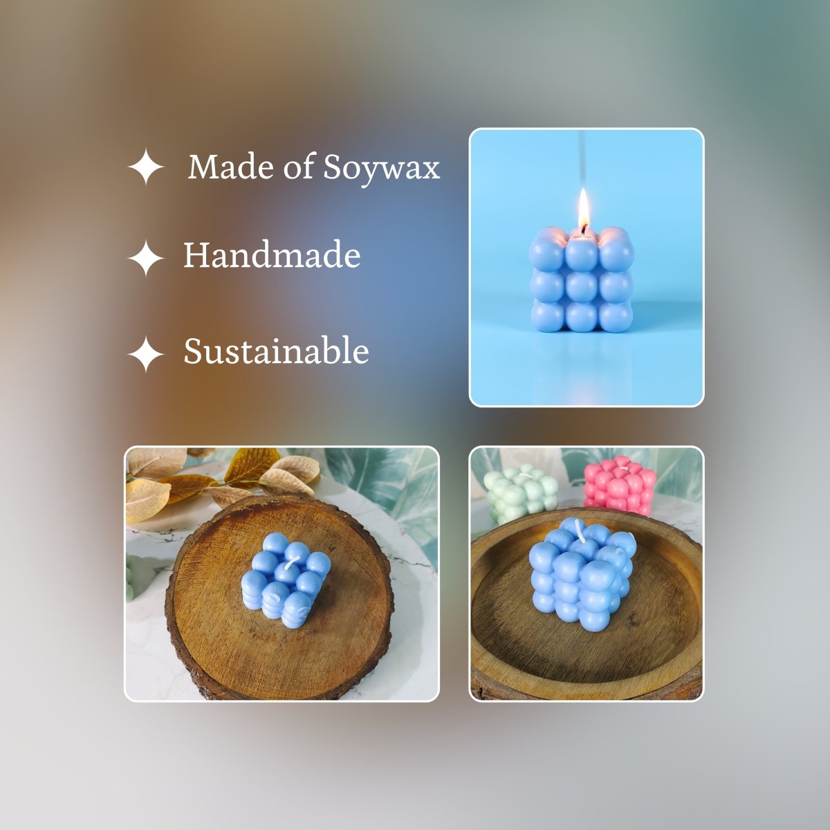 Sowpeace Bubble Blue Soywax Candle – Hand - Poured, Vegan, Unscented Decorative Cube (6×6×6 cm) - Sowpeace - 