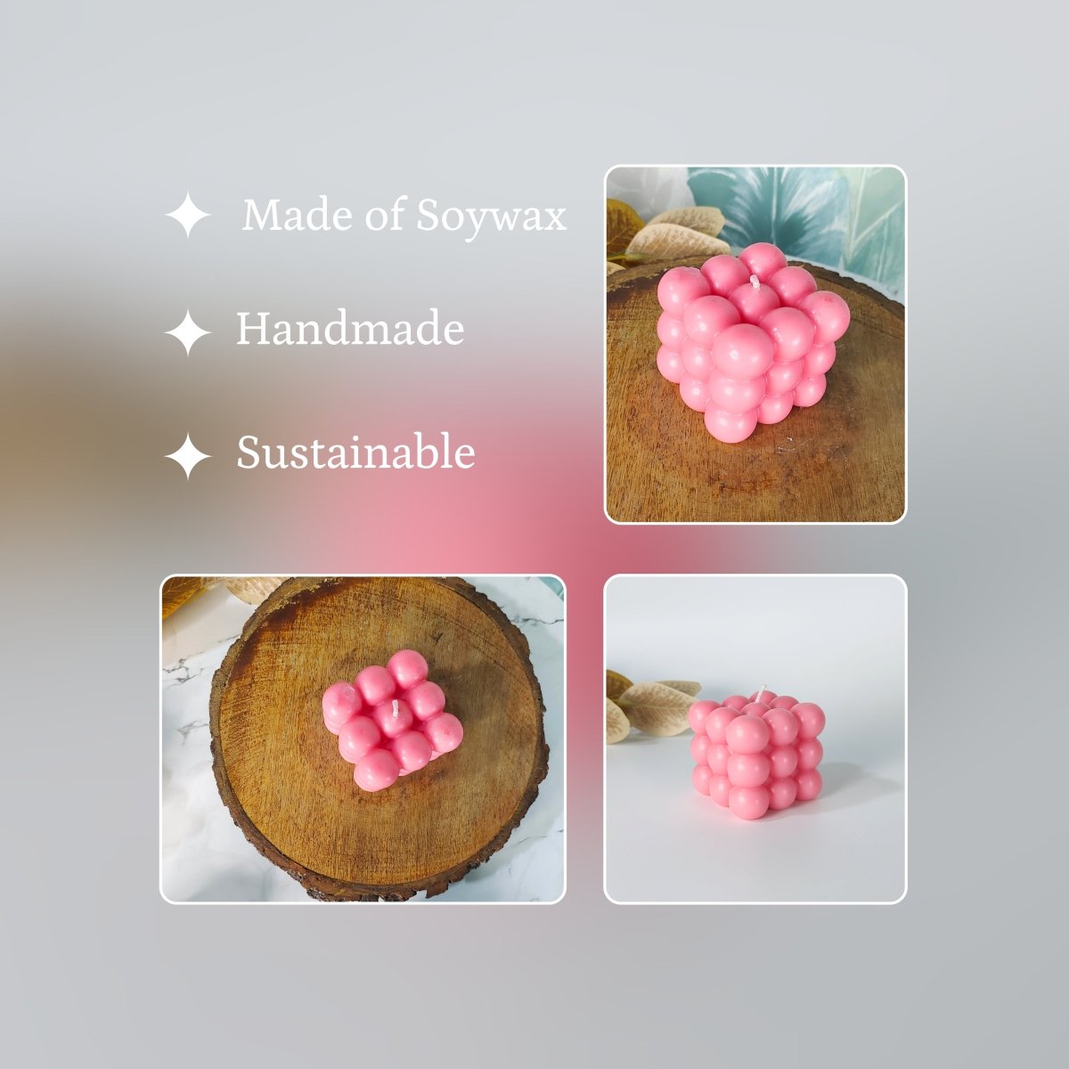 Sowpeace Bubble Pink Soywax Candle – Hand - Poured, Vegan, Unscented Decorative Cube (6×6×6 cm) - Sowpeace - 