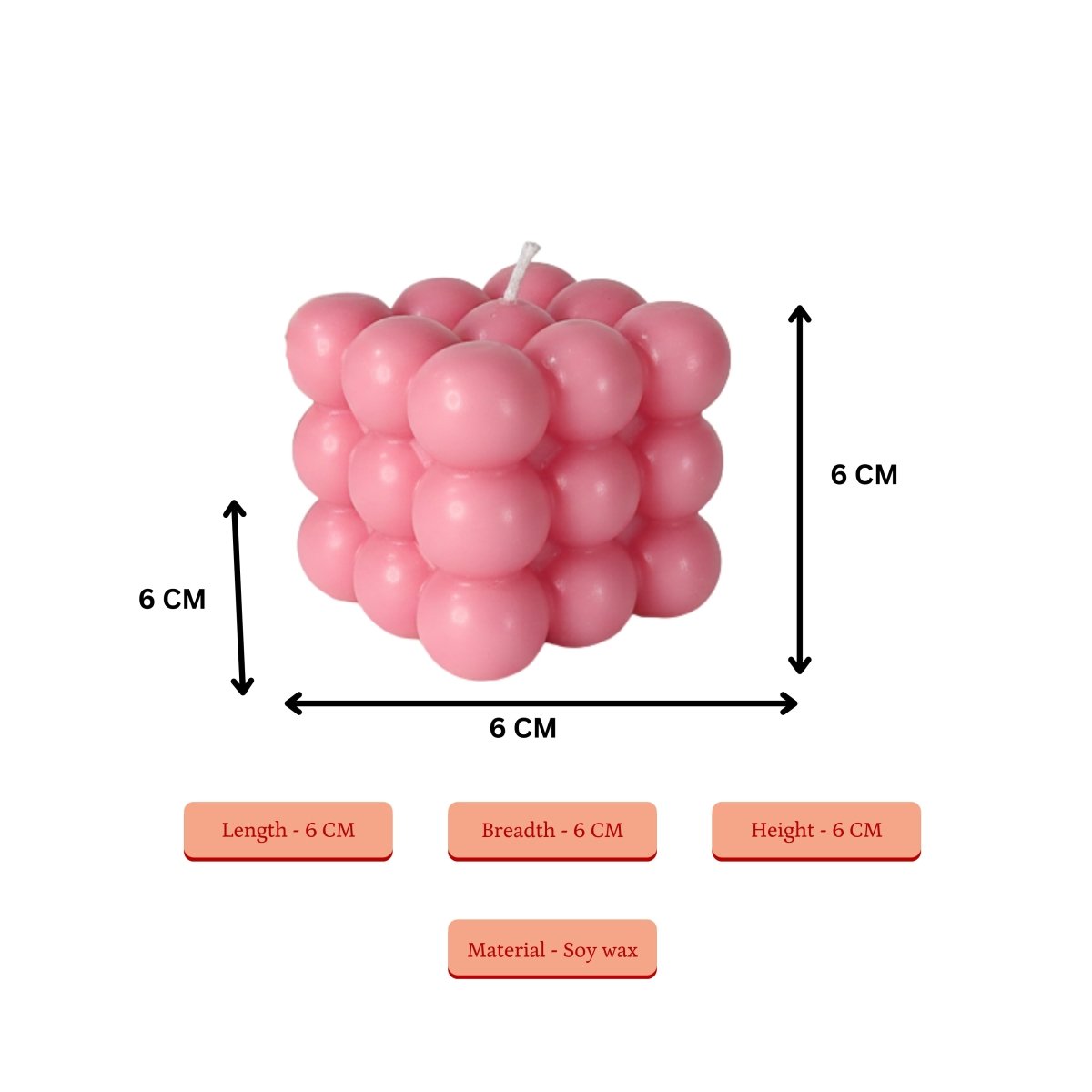 Sowpeace Bubble Pink Soywax Candle – Hand - Poured, Vegan, Unscented Decorative Cube (6×6×6 cm) - Sowpeace - 