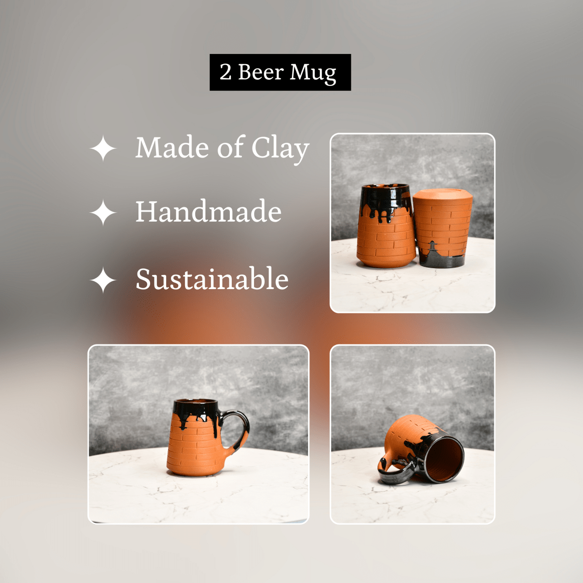 Sowpeace Earthly Beer Mugs (Set of 2) | Handcrafted Terracotta Rustic Brown Beer Cups for Gifting & Daily Use - Sowpeace - 
