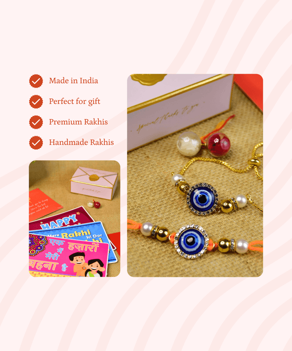 Sowpeace Exquisite Evil Eye Rakhi Pack of 2 with Roli Chawal and Greeting card combo for Raksha Bandhan and Gifting — image 5
