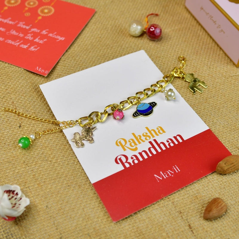 Sowpeace Exquisite Metal Abstract Rakhi Pack of 1 with Roli Chawal and Greeting card combo for Raksha Bandhan and Gifting – view 5