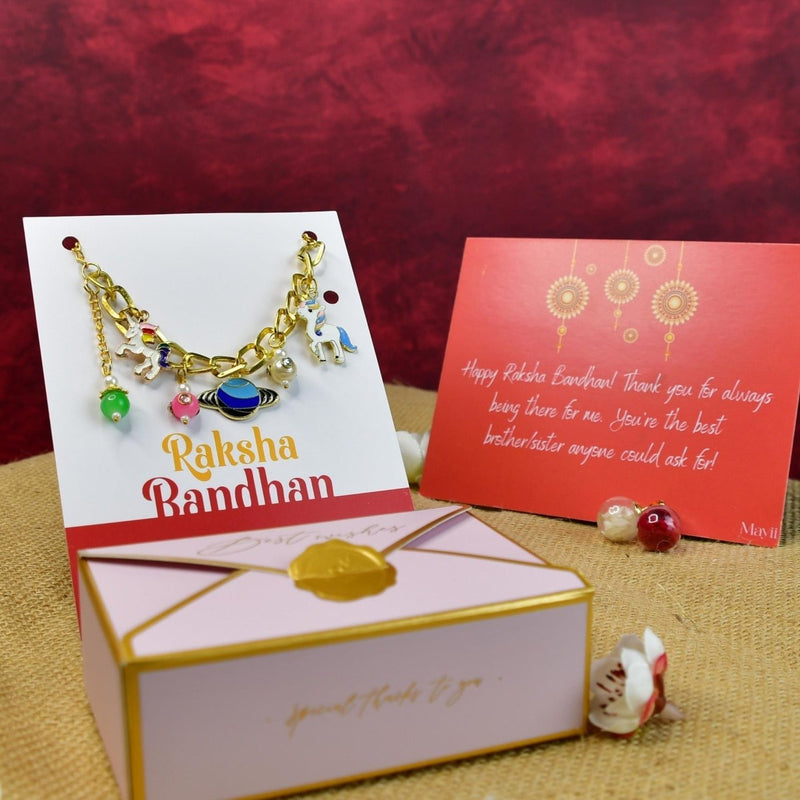 Sowpeace Exquisite Metal Abstract Rakhi Pack of 1 with Roli Chawal and Greeting card combo for Raksha Bandhan and Gifting – view 3