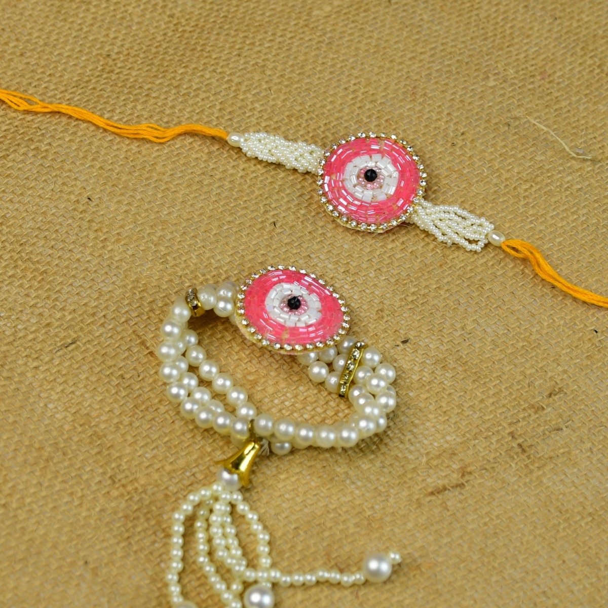 Sowpeace Exquisite Pink Circle Rakhi Pack of 2 with Roli Chawal and Greeting card combo for Raksha Bandhan and Gifting - Sowpeace - 