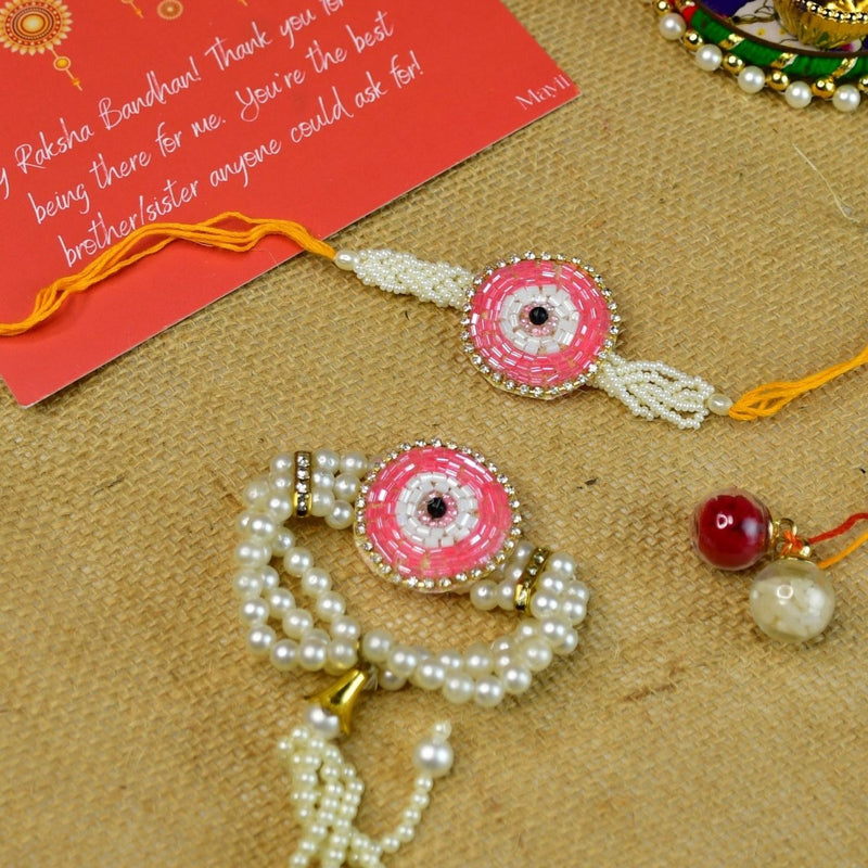 Sowpeace Exquisite Pink Circle Rakhi Pack of 2 with Roli Chawal and Greeting card combo for Raksha Bandhan and Gifting – view 1