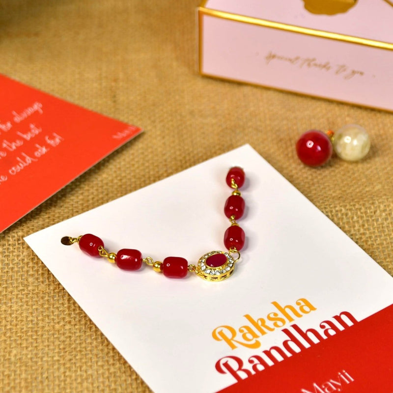 Sowpeace Exquisite Red Beads Rakhi Pack of 1 with Roli Chawal and Greeting card combo for Raksha Bandhan and Gifting – view 2