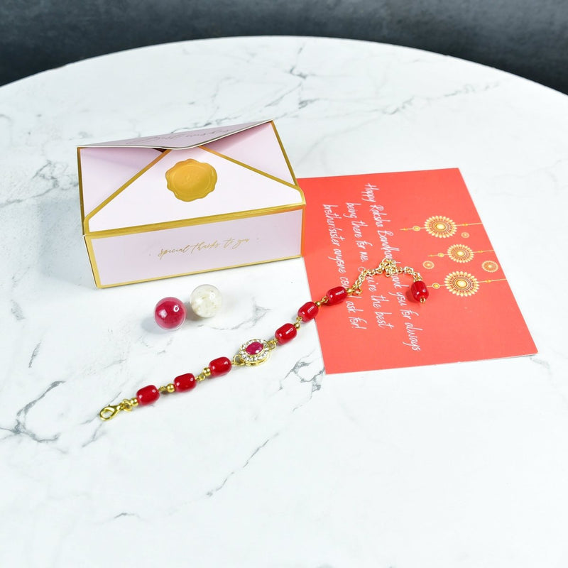 Sowpeace Exquisite Red Beads Rakhi Pack of 1 with Roli Chawal and Greeting card combo for Raksha Bandhan and Gifting – view 1