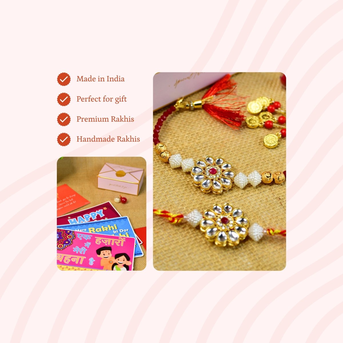 Sowpeace Exquisite Red Centre Flower Rakhi Pack of 2 with Roli Chawal and Greeting card combo for Raksha Bandhan and Gifting - Sowpeace - 