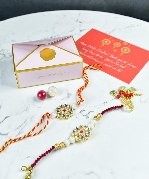 Sowpeace Exquisite Red Centre Flower Rakhi Pack of 2 with Roli Chawal and Greeting card combo for Raksha Bandhan and Gifting — image 8