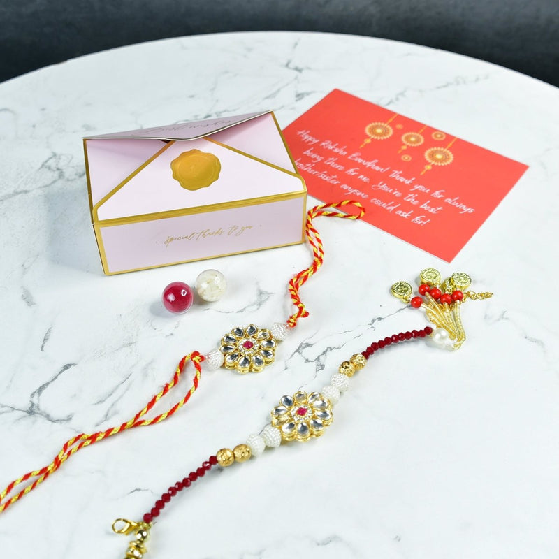 Sowpeace Exquisite Red Centre Flower Rakhi Pack of 2 with Roli Chawal and Greeting card combo for Raksha Bandhan and Gifting – view 8