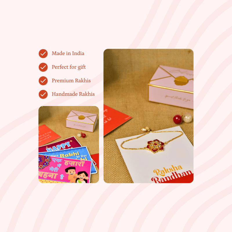 Sowpeace Exquisite Red Flower Rakhi Pack of 1 with Roli Chawal and Greeting card combo for Raksha Bandhan and Gifting – view 5