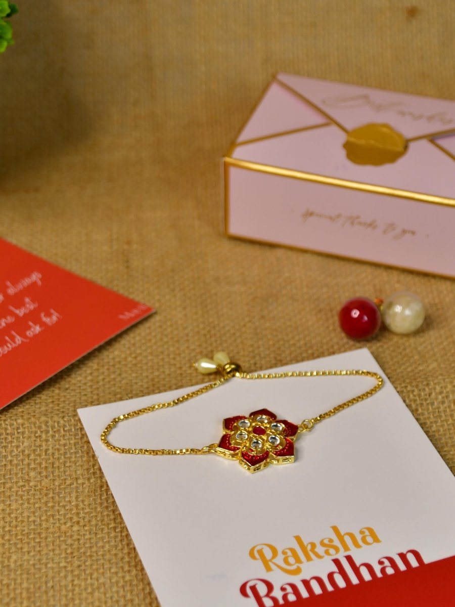 Sowpeace Exquisite Red Flower Rakhi Pack of 1 with Roli Chawal and Greeting card combo for Raksha Bandhan and Gifting - Sowpeace - 