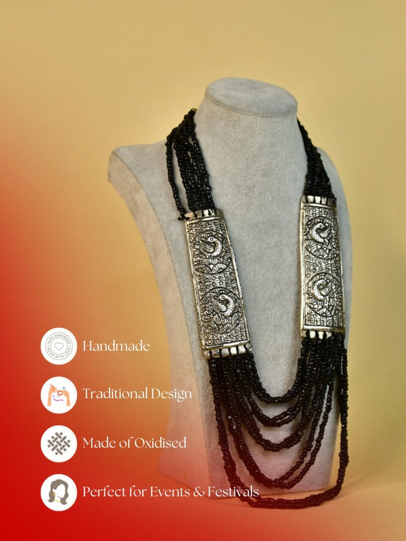 Sowpeace German Silver Necklace: Peacock Art on Metal with Black Beads – view 7