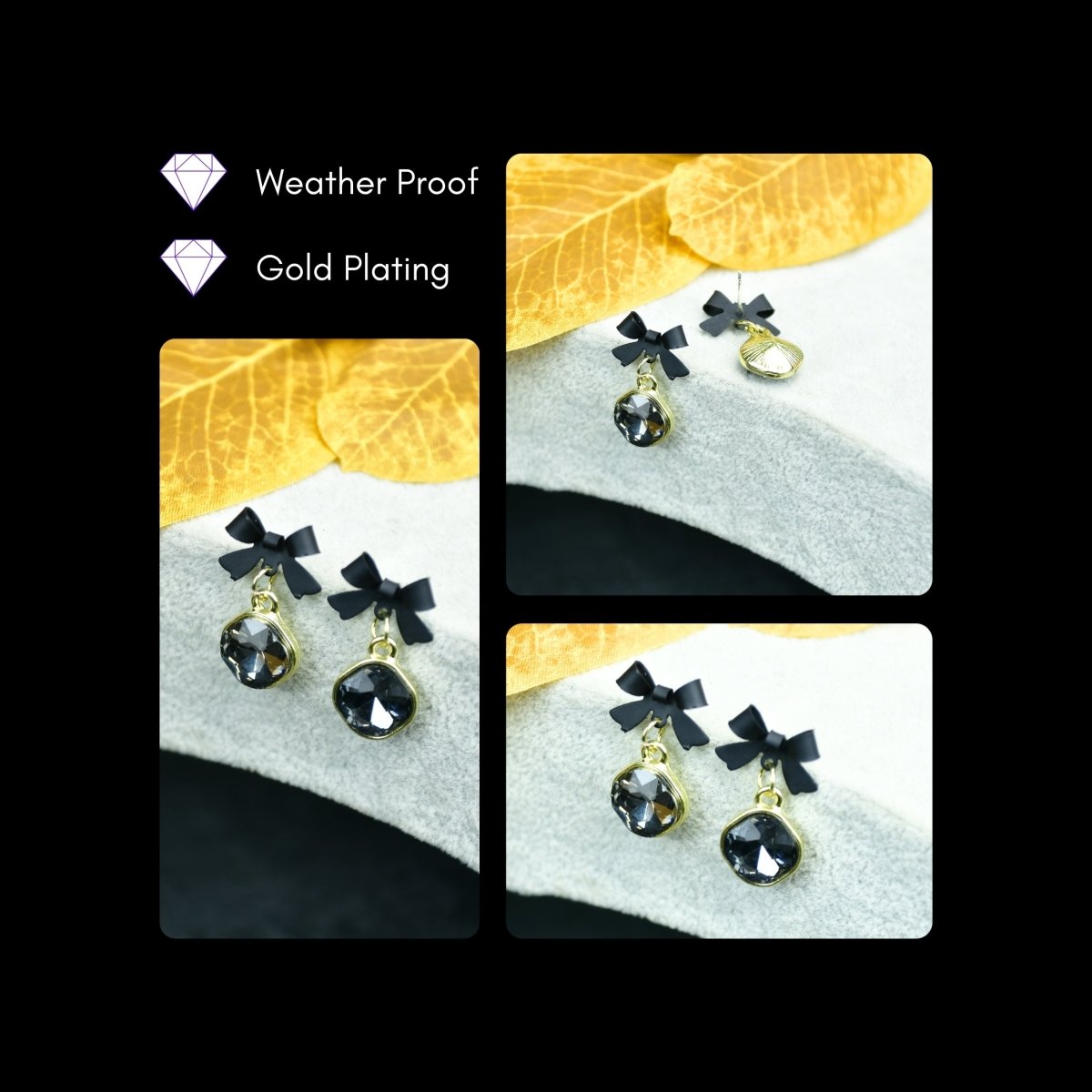 Sowpeace Gold Black Stainless Steel Crystal Ribbon Earrings | Elegant One‑Size Lightweight Jewelry for Women & Daily Wear - Sowpeace - 