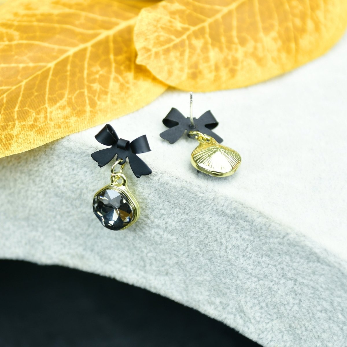 Sowpeace Gold Black Stainless Steel Crystal Ribbon Earrings | Elegant One‑Size Lightweight Jewelry for Women & Daily Wear - Sowpeace - 