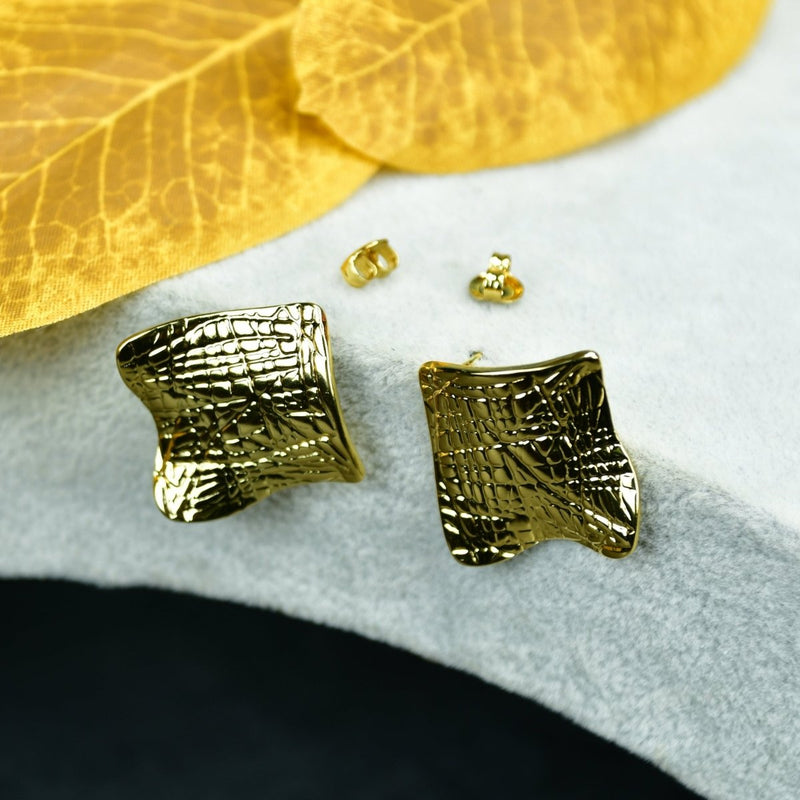 Sowpeace Gold Croc Stainless Steel Textured Square Earrings | Modern One‑Size Lightweight Jewelry for Women – view 2
