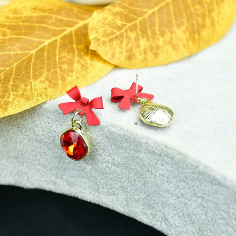 Sowpeace Gold Red Stainless Steel Crystal Ribbon Earrings | Elegant One‑Size Lightweight Jewelry for Women & Daily Wear