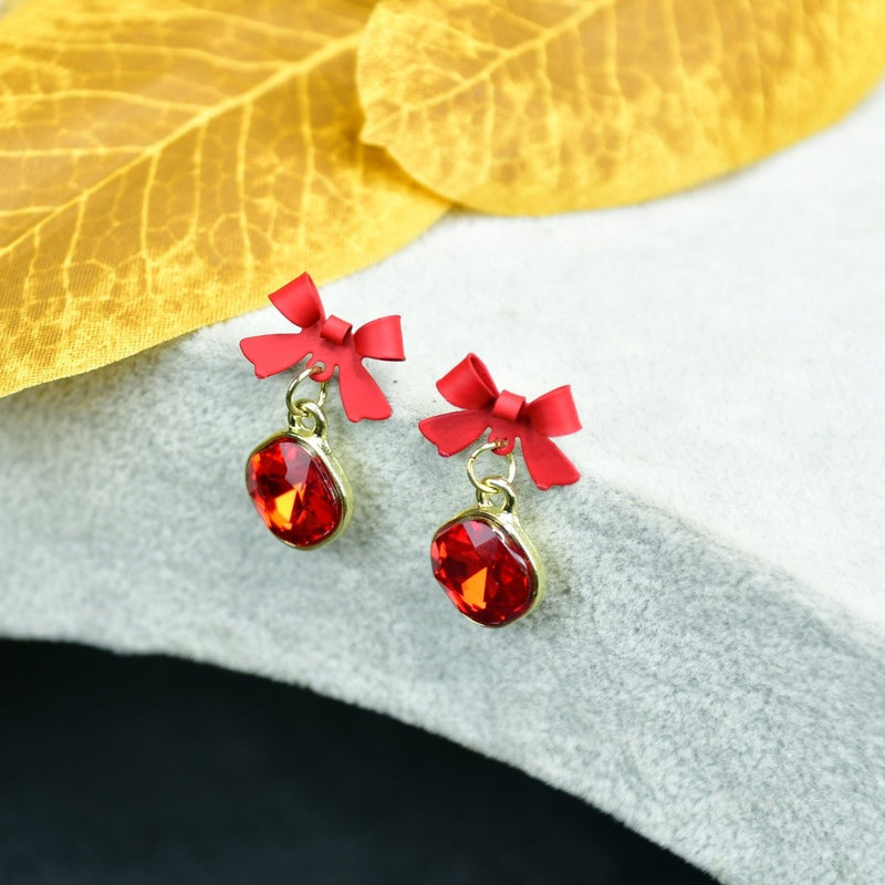Sowpeace Gold Red Stainless Steel Crystal Ribbon Earrings | Elegant One‑Size Lightweight Jewelry for Women & Daily Wear – view 1