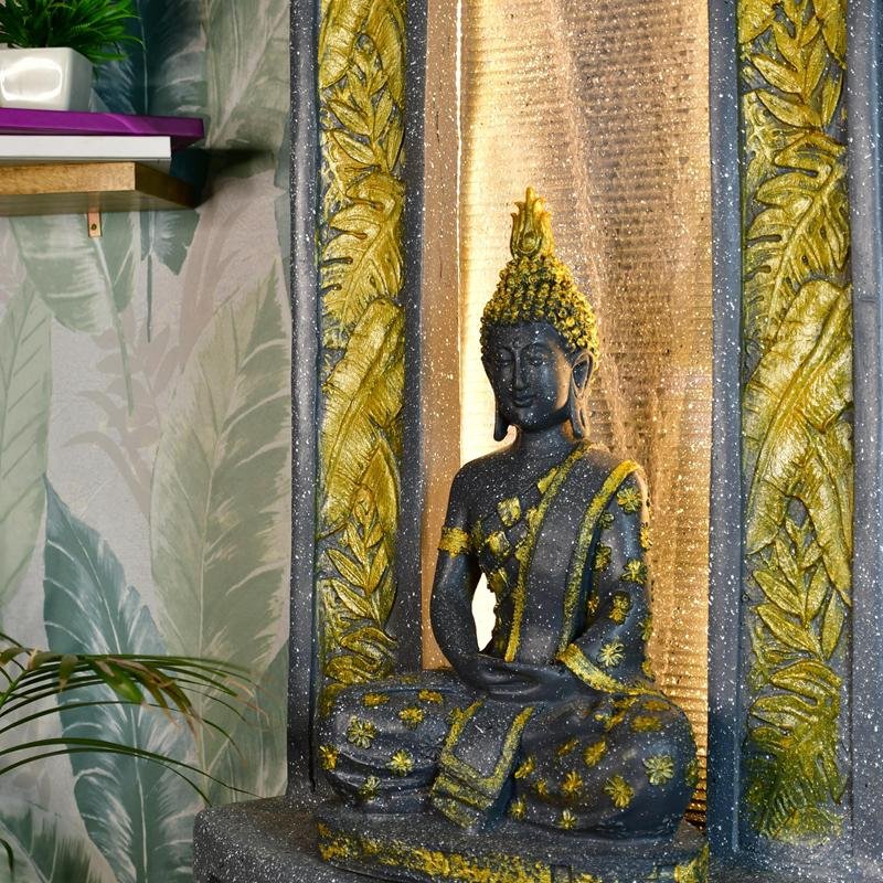 Sowpeace Golden Buddha Water Fountain – Elegant Buddha Sitting Against Tall Wall for Luxurious Home Decor & Gifts – view 1