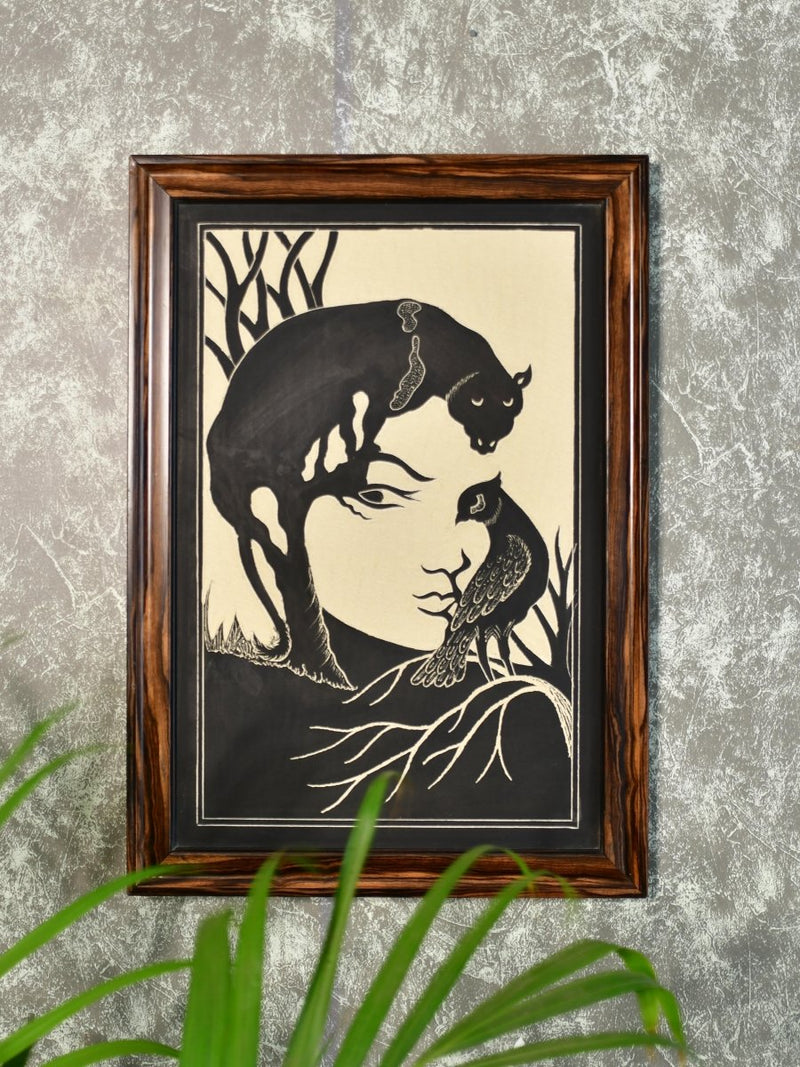Sowpeace Hand-Carved Ceramic Lady face formed with Panther and bird Wall Décor – view 1