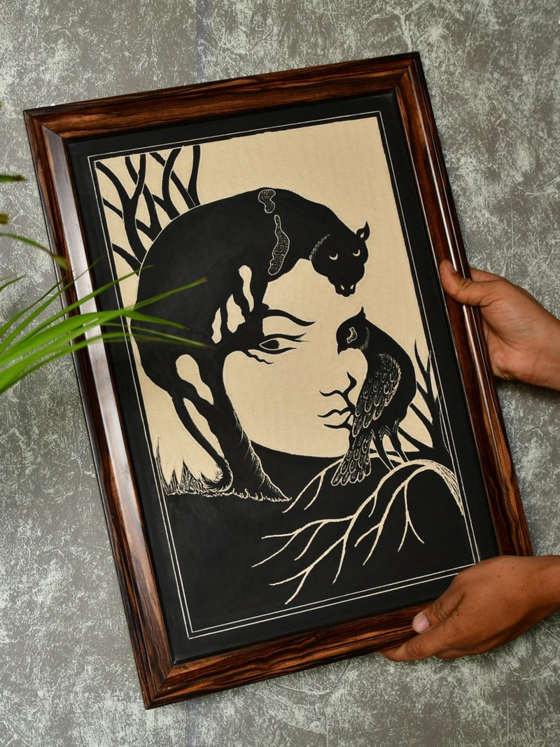 Sowpeace Hand-Carved Ceramic Lady face formed with Panther and bird Wall Décor – view 3