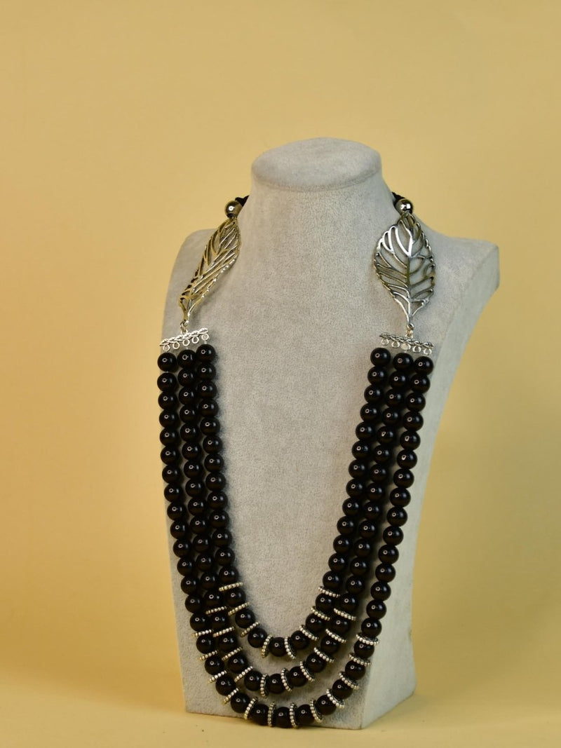 Sowpeace Handcrafted German Silver Necklace: Black Beads & Leaf Design – view 3
