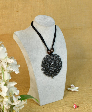 Sowpeace Handcrafted Terracotta Necklace: Black Pendant with Flower Design — alternate view