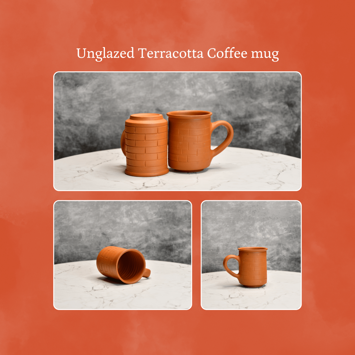 Sowpeace Premium Unglazed Terracotta Imprinted Drink Mugs (Set of 2) | Handcrafted Rustic Brown Coffee & Tea Cups for Gifting & Daily Use - Sowpeace - 