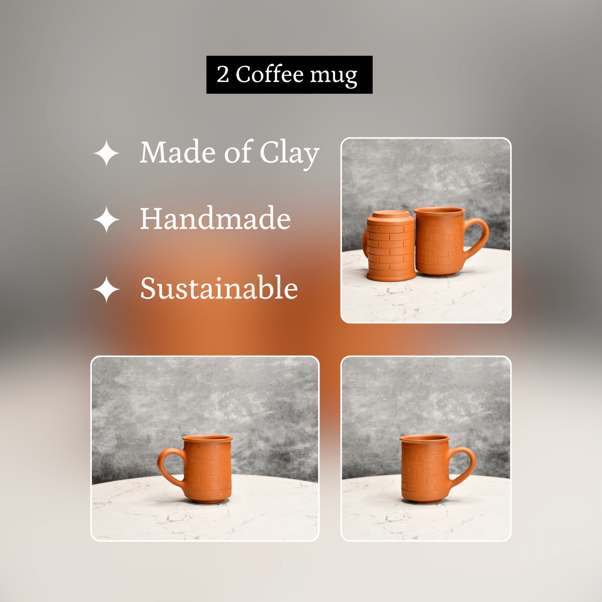 Sowpeace Premium Unglazed Terracotta Imprinted Drink Mugs (Set of 2) | Handcrafted Rustic Brown Coffee & Tea Cups for Gifting & Daily Use - Sowpeace - 
