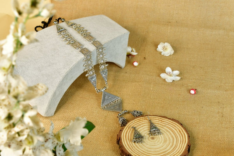 Sowpeace Rhombus Pendant Necklace: German Silver, Black & Dzi Beads – view 1