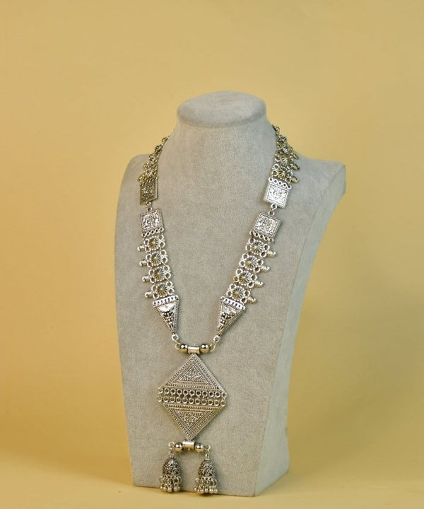 Sowpeace Rhombus Pendant Necklace: German Silver, Black & Dzi Beads — image 2