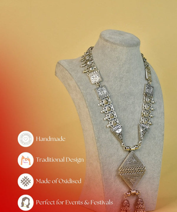 Sowpeace Rhombus Pendant Necklace: German Silver, Black & Dzi Beads — image 6